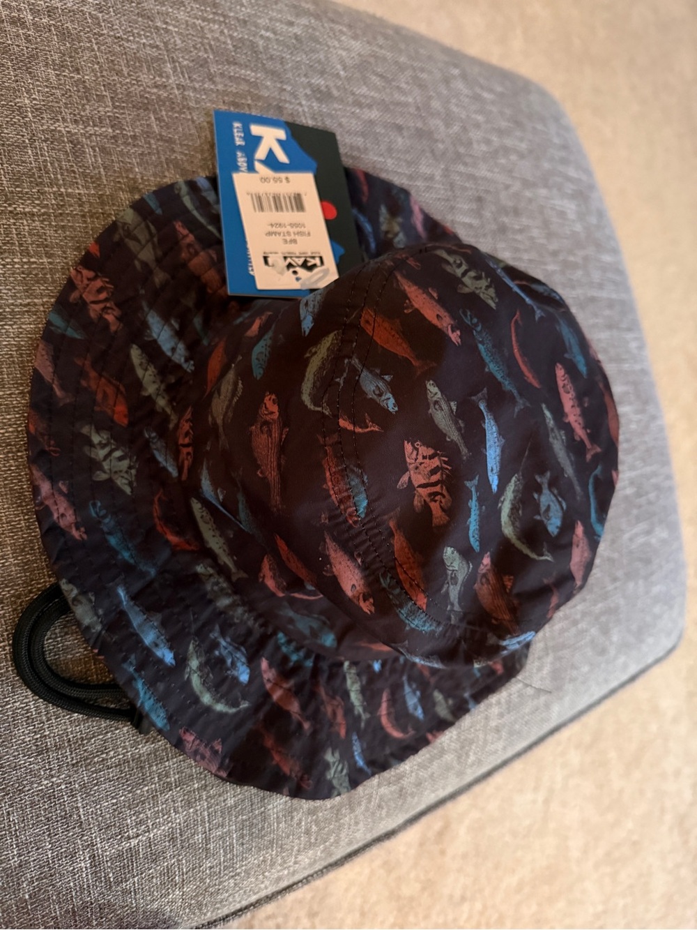 Kavu Fish Stamp Bucket Hat in Black with Teal and Pink Fish - Picture 7 of 8